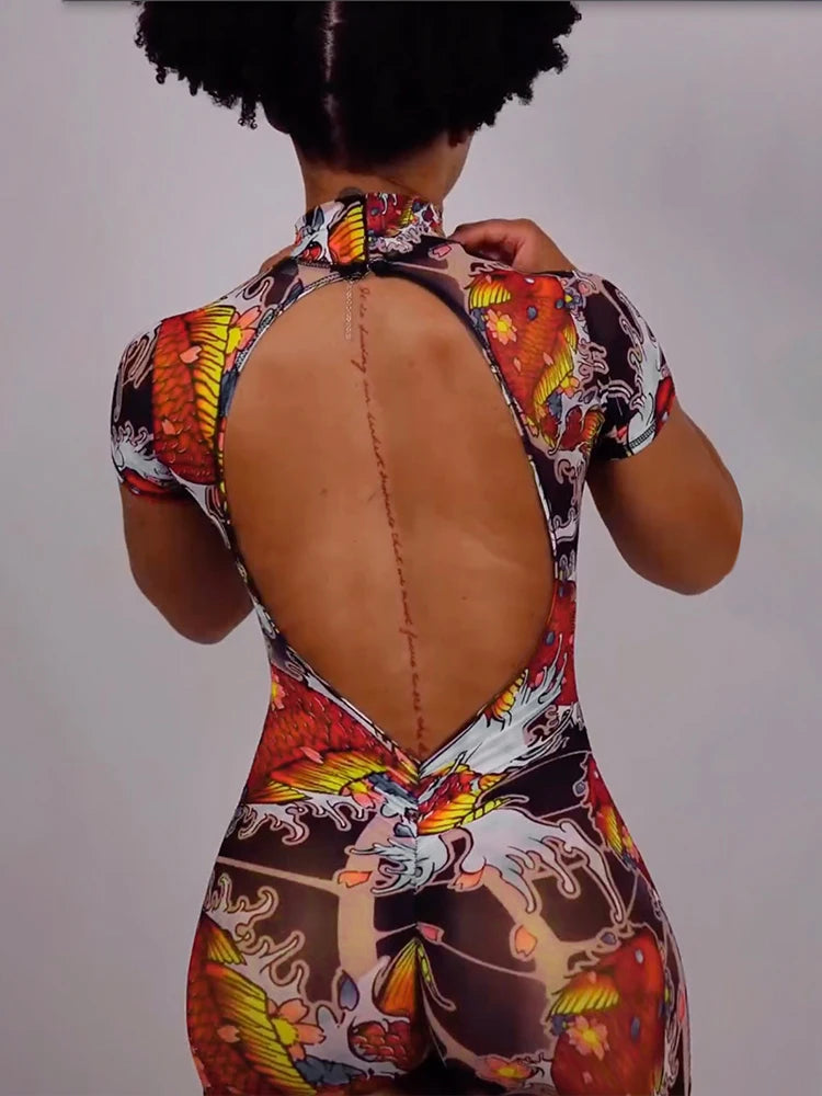Weird Puss Backless Playsuit Women See Through Shorts Sleeve Peach Buttocks Summer Trend Aesthetic Print Midnight Club Romper