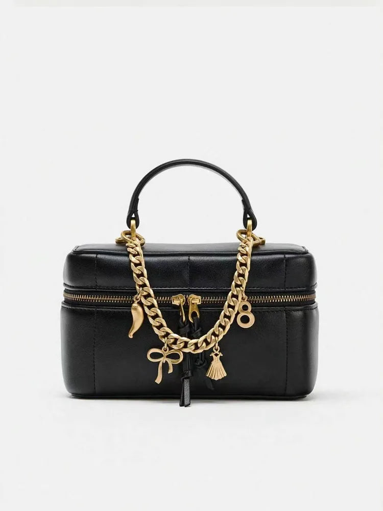Womens Vintage National PU Leather Waterproof Quilted Chain Bag Black Crossbody Bag Bell Charm Top Handle for Date