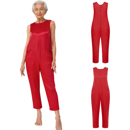 Women's Elderly Anti-Strip Adaptive Jumpsuit Back Legs Zip Long Sleeve Long Pants Nursing Rompers for Special Needs Disabilities