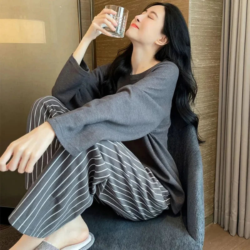 2PCS/Set Women Big Size with Chest Pads Pajamas Spring Autumn and Winter Long-Sleeved Headset Loose Homewear Can Be Worn Outside