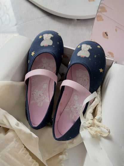 Denim Elephant Print Mary Jane Shoes For Women, Round Toe, Flat Ballet Shoes With a Shallow Neckline
