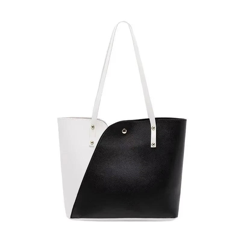 Large Capacity Patchwork Bag Hot Stamped Contrast Color Shoulder Bags Women Pu Leather Ladies Purses and Shopping Bag Casual