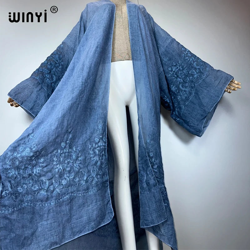 WINYI Kimono Hand-Dyed Embroidered Cardigan Beachwear Evening Dress Abaya Dubai Luxury Cover-Ups Beach Outfits Women Maxi Coat
