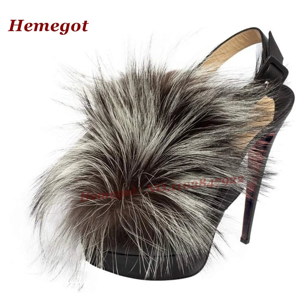 Fluffy Fur Platform Buckled Sandals Round Toe Stiletto High Heels Slingback Women's Sandals Side Air Autumn Suede Patchwork Shoe