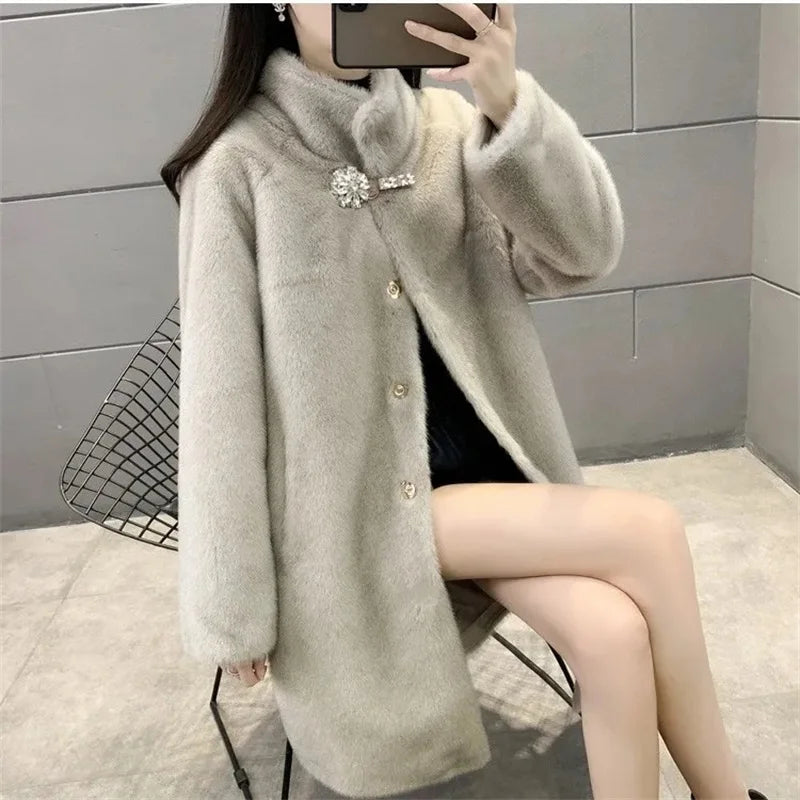 Mink Fleece Coat Medium Long Fur One Piece Coat Gold Mink Fleece Coat 2026 Winter New Standing Collar Fur Coat Solid Commuter B1