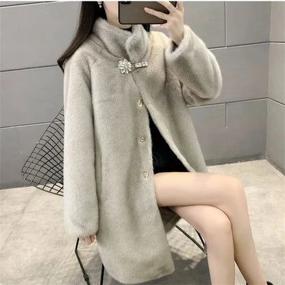 Mink Fleece Coat Medium Long Fur One Piece Coat Gold Mink Fleece Coat 2026 Winter New Standing Collar Fur Coat Solid Commuter B1