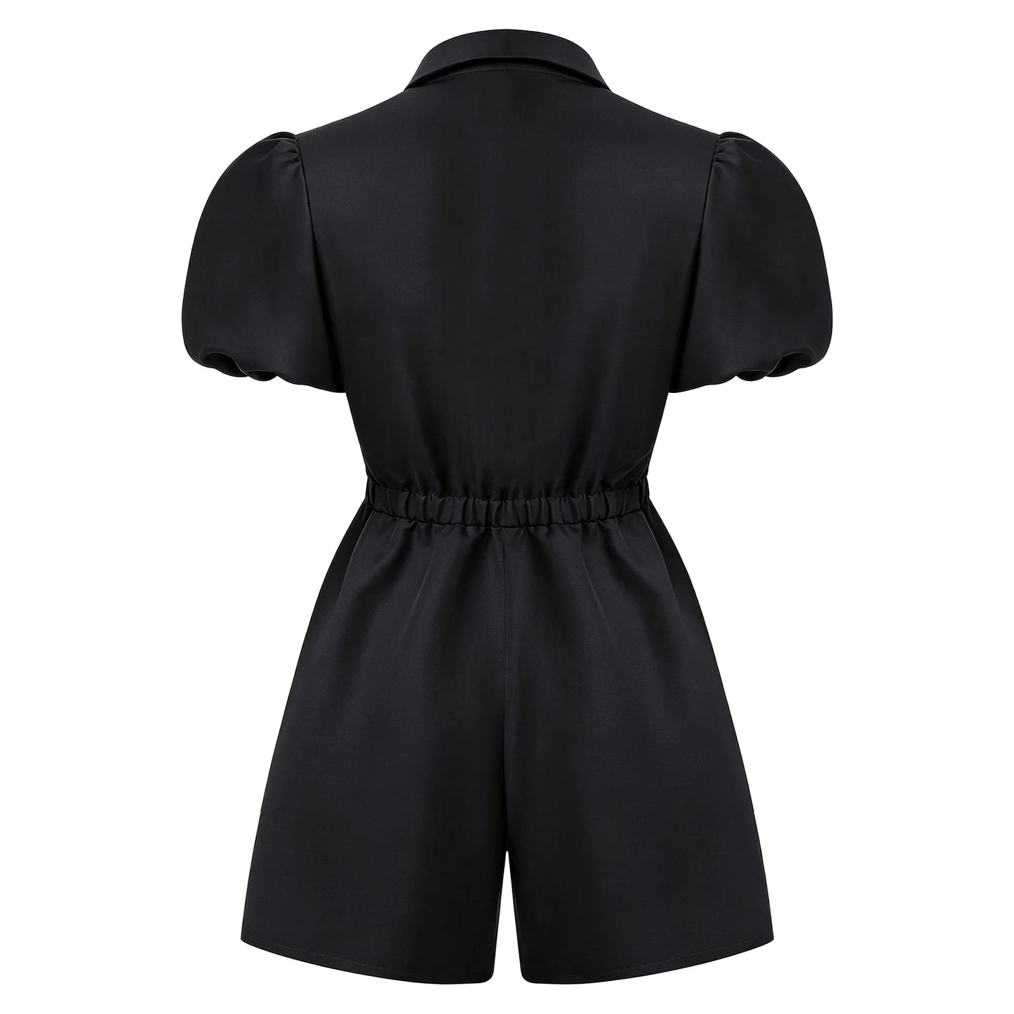 Fashion Women Short Puff Sleeve Romper Lapel Front Button Elastic Waist Shorts Jumpsuit for Office Vacation Casual Clothing