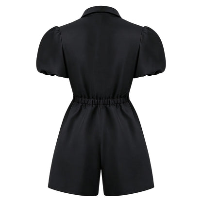 Fashion Women Short Puff Sleeve Romper Lapel Front Button Elastic Waist Shorts Jumpsuit for Office Vacation Casual Clothing