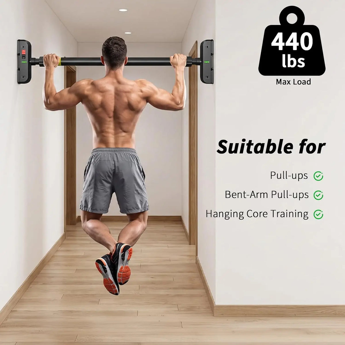 Tacleekii Heavy Duty Doorway Pull Up Bar Adjustable Width 72-95cm No-Screw Installation, Locking Mechanism, Level Meter, Anti-Slip, 440lbs Capacity – Home Gym Strength Trainer