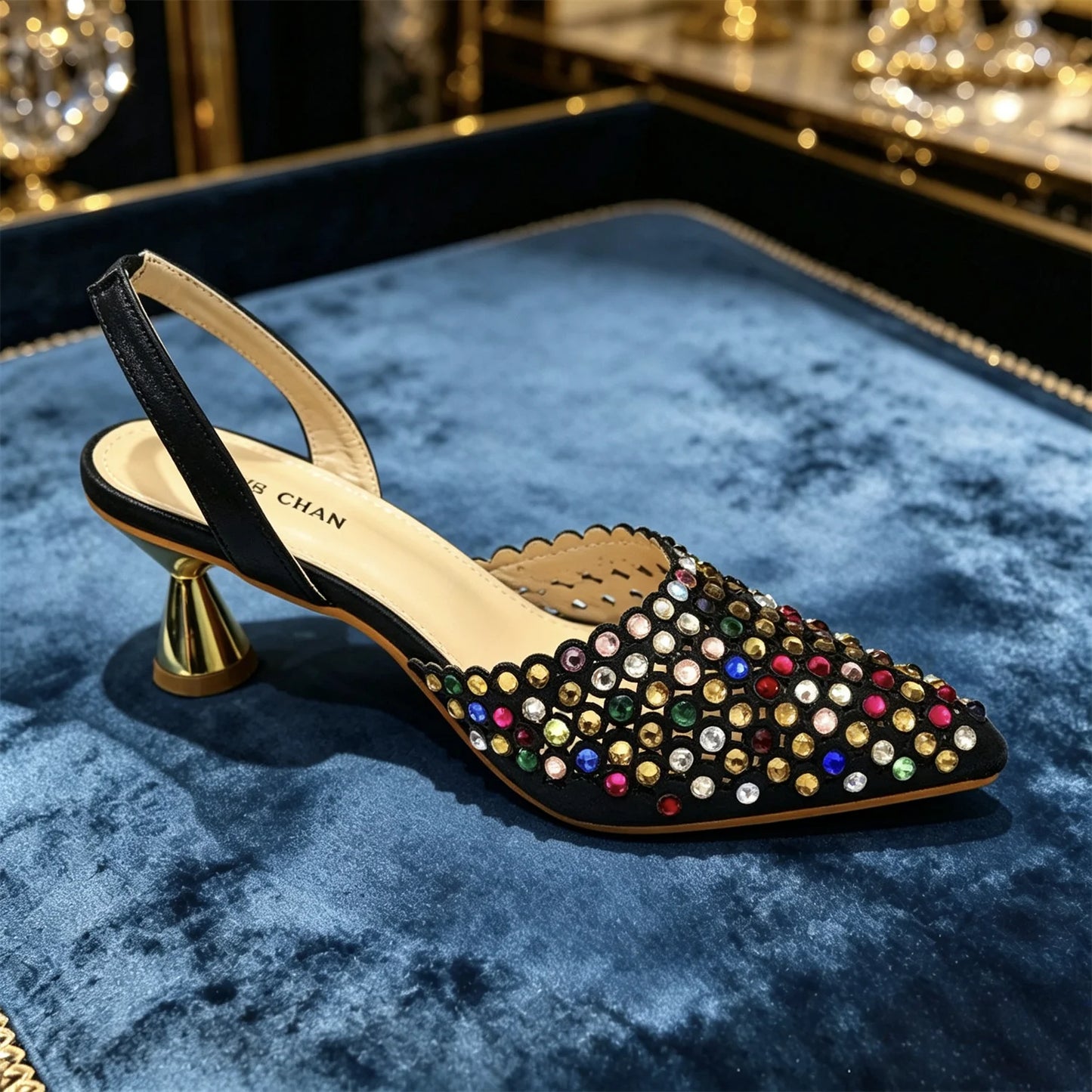 Elegant Multicolor Rhinestone Slingback Heels & Bucket Bag Set Luxury Crystal Matching Kit for Wedding Party Evening Bridal Form