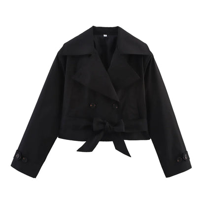 SLTNX 2026 New Women's British Wind Trench Coat Style Double-breasted Long Sleeve Belt Lapel Jacket Short Coat