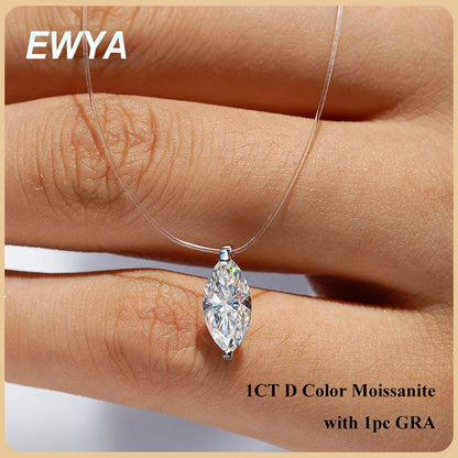 EWYA GRA Certified 1CT Marquise Cut Moissanite Pendant Necklace for Woman 925 Silver Fishing Line Water Drop Diamond Necklaces