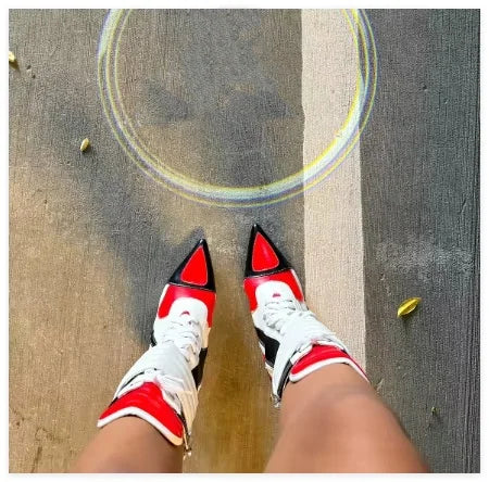 Cool Punk Mixed Colors Leather Motorcycle Boots Pointed Toe Lace up Sexy White Short Boots Women's High Heels Luxury Designer