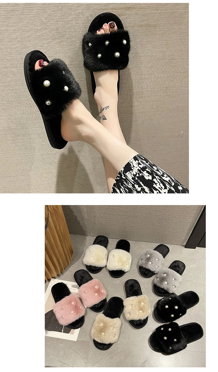 Perle Fluffy Slippers Home Winter Casual Designer Shoes Women 2025 New Luxury Indoor Plush Slides Girls Fashion Elegant Footwear