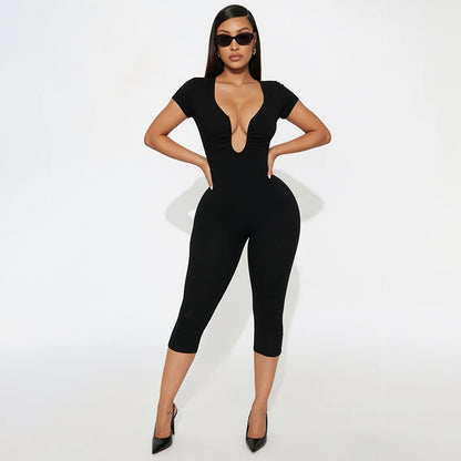 Solid Color Sexy Slim Fit and Slimming Chest U-Neck Jumpsuit, Versatile and Fashionable Jumpsuit Cropped Pants