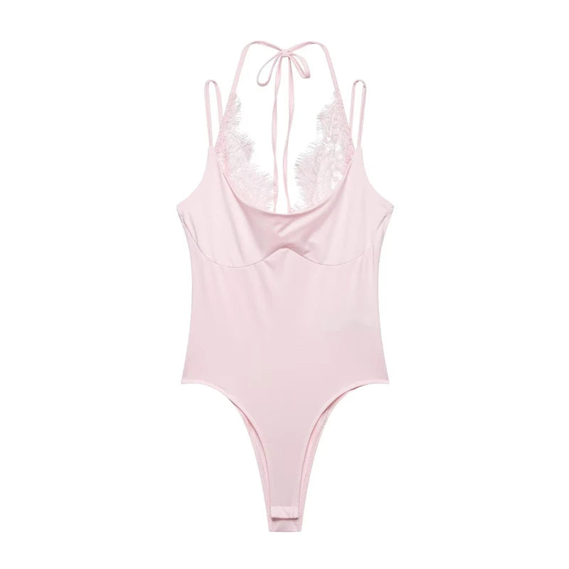 Women's Sexy Nightclub Party Pink Jumpsuit, Spliced Lace Sleeveless Tight-Fitting Jumpsuit, 2026 Fashion Women's Slim Top