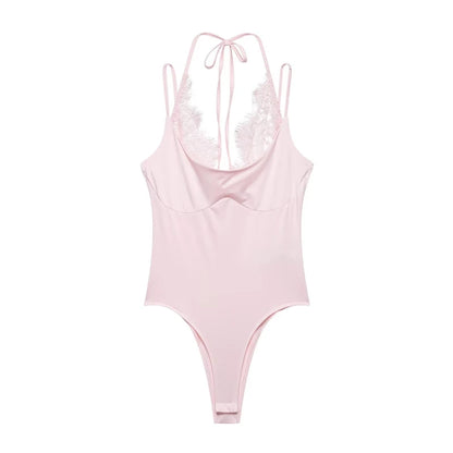 Women's Sexy Nightclub Party Pink Jumpsuit, Spliced Lace Sleeveless Tight-Fitting Jumpsuit, 2026 Fashion Women's Slim Top