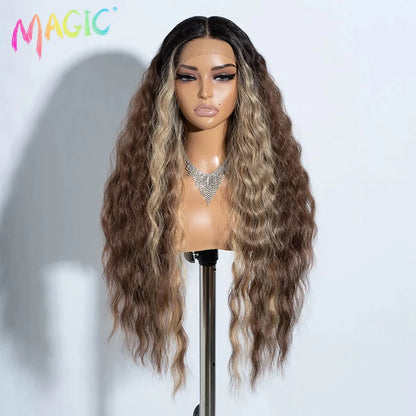 Magic Synthetic Lace Front Wig Long Deep Wavy 30 Inch Ombre Blonde Ginger Lace Wigs For Black Women Heat Resistant Cosplay Wigs