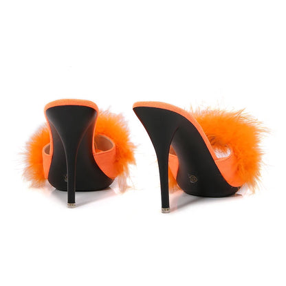 10CM Thin High Heel Summer Furry Slippers For Ladies Mules Fashion Fluffy Fur Slides Sandals 2025 New Brand Women's Party Shoes