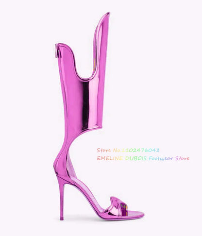 Mirror Gold High Heel Sandals Women Sexy Oepn Toe Cut Out Back Zippers Luxury Elegant Roman Shoes Summer New Ladies Shoes