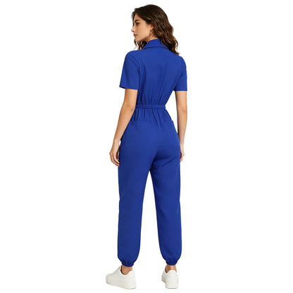 Womens Scrubs Jumpsuit Soft Stretch Medical Scrub Set with Pockets Front Zipper Elastic Waist Jogger Pants Nurse Doctor Workwear