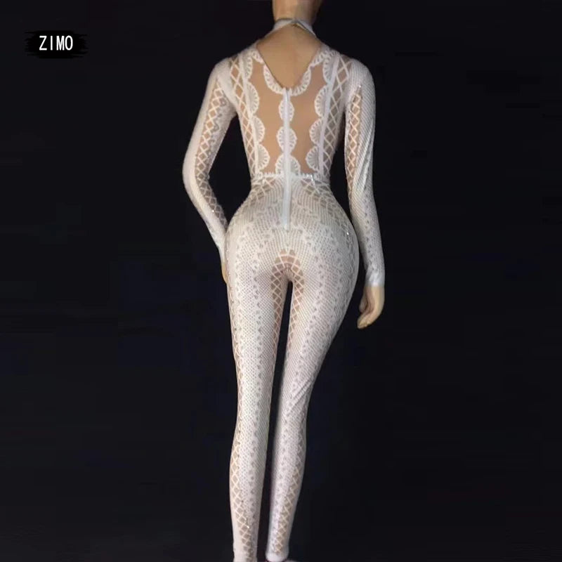 custom white black Spandex Print Stretch Jumpsuit Stage Singer Dancer Performance Rompers birthday pole dance outfits for women