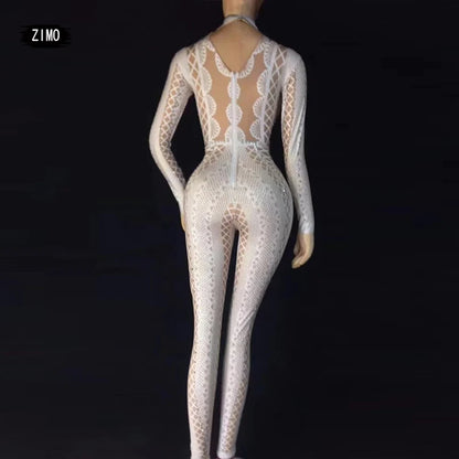 custom white black Spandex Print Stretch Jumpsuit Stage Singer Dancer Performance Rompers birthday pole dance outfits for women
