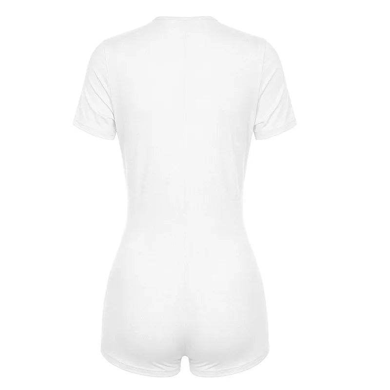 Sexy Solid Deep V-neck Short-sleeve White Playsuits Rompers Women Summer Bodycon Short Jumpsuit for Women