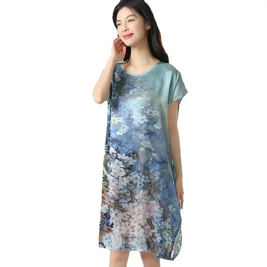 19MM 100% Mulberry  Silk Dress Pajamas Sleeping Home Dress Nightwear Women's Loose Plus Size  Short Sleeve Summer  40-80kg