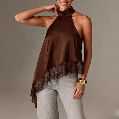 Women Y2k Mock Neck Halter Top Satin Lace Asymmetrical Hem Tank Tops Sleeveless Elegant Going Out Crop Tops