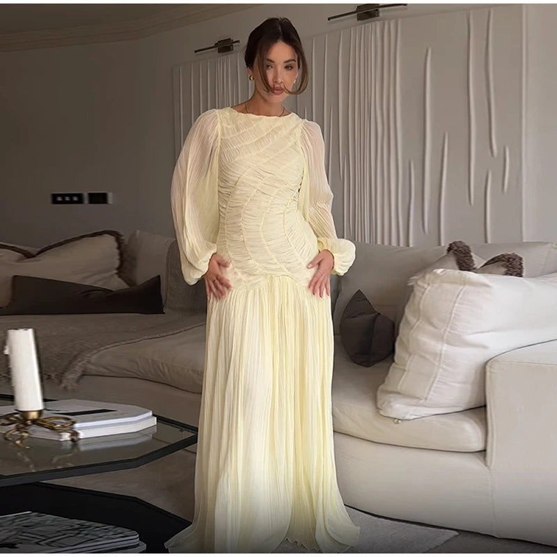 2026 Summer Women's Elegant Pleated Long Dress O-neck Loose Folds Lantern Sleeve Holiday Beach Commute Chic Vestidos