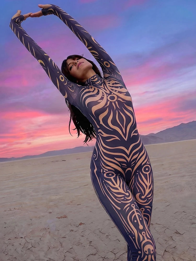 Weird Puss Sexy Striped Print Jumpsuits Women Wild Style Turtleneck Full Sleeve Midnight Party Club Stretch Streetwear Overalls