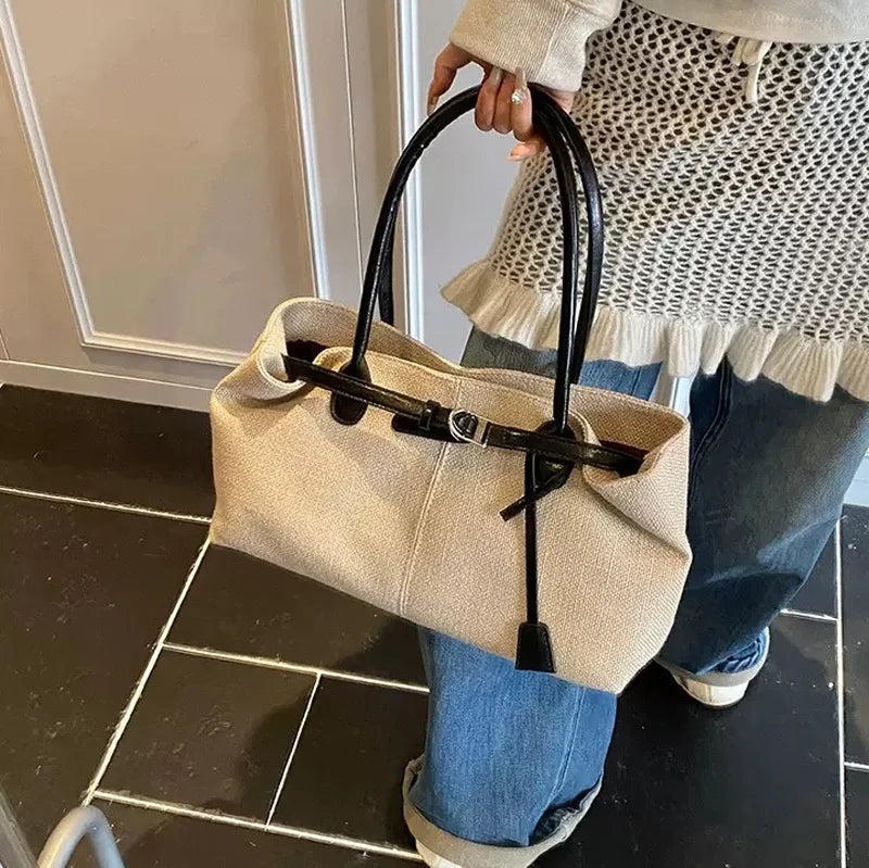 CLAREGQI  Women's Large Capacity Canvas Tote Bag, Leather Handle Shoulder Underarm Bag, Versatile Casual Commuter & Travel Handb