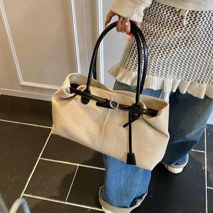 CLAREGQI  Women's Large Capacity Canvas Tote Bag, Leather Handle Shoulder Underarm Bag, Versatile Casual Commuter & Travel Handb