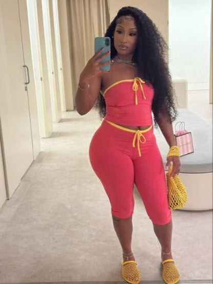 Joskaa Sexy Line Patchwork 2 Piece Set Women Strapless Bow Crop Top and High Waist Capri Pants Matching Tracksuits Streetwear