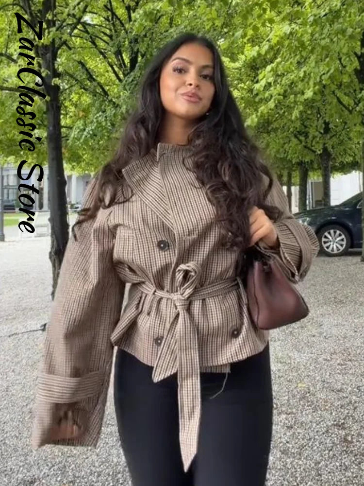 Vintage Plaid Women's Cropped Trench Coat Autumn Lapel Tie Waist Full Sleeve Windbreaker New Chic Casual Elegant Jacket 2026