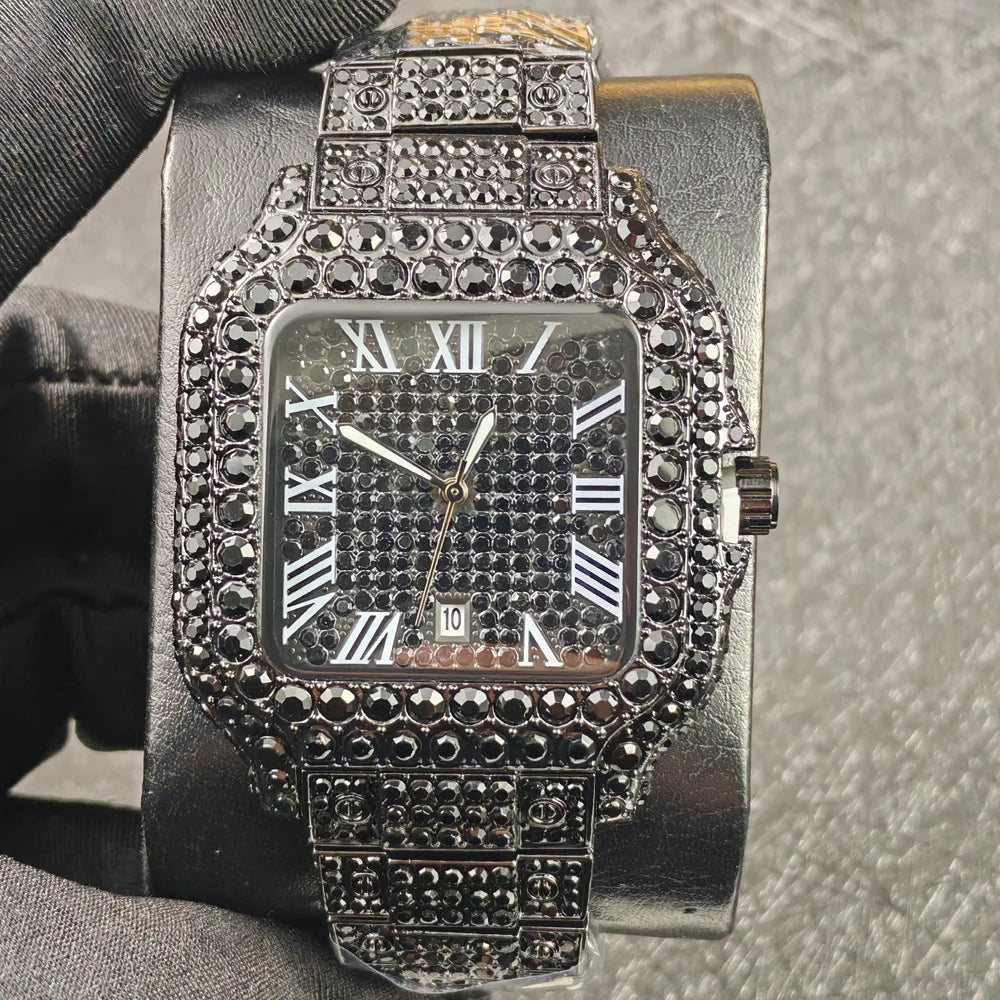 Classic Blue Black Iced Out Quartz Watch Men Full Diamond Watch Male Sliver Vintage Square Shaped Hip Hop Man AAA Clock Reloj