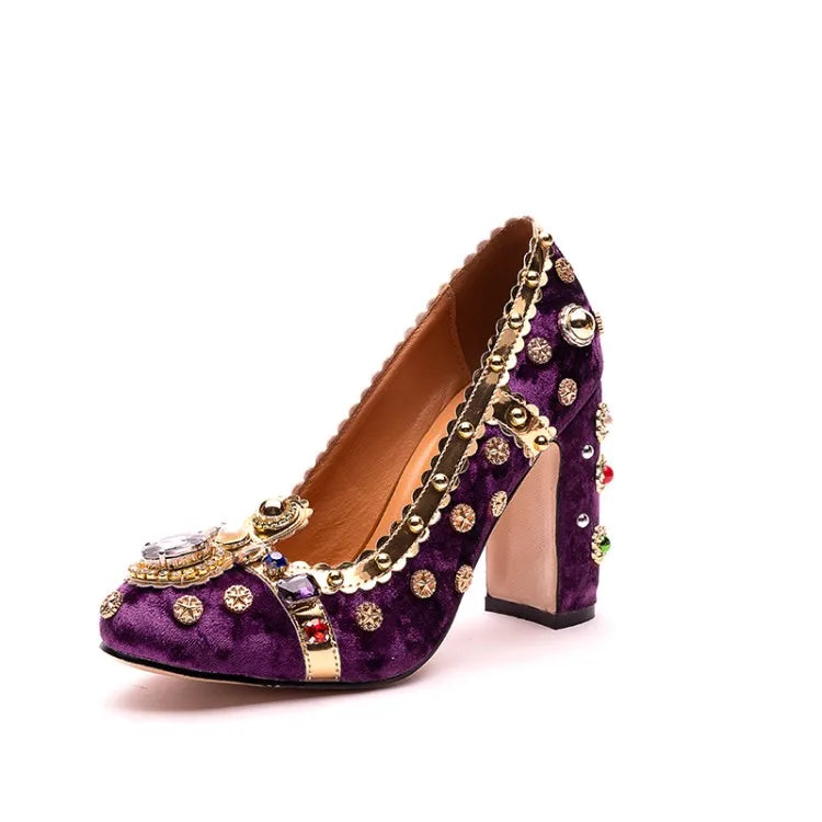 Purple Velvets Women Shallow Pumps Round Toe Crystal Gold Decorations Chunky High Heels 10cm Wine Red Prom Party Creepers Sapato
