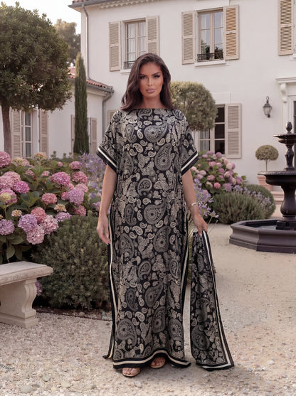 Boho Mixed Animal Paisley Abstract Print Satin Abaya Scarf Set, Loose Batwing Maxi Kaftan for Muslim Women Summer Holiday Wear