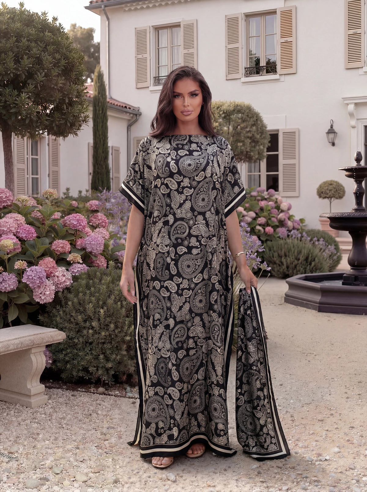 Boho Mixed Animal Paisley Abstract Print Satin Abaya Scarf Set, Loose Batwing Maxi Kaftan for Muslim Women Summer Holiday Wear