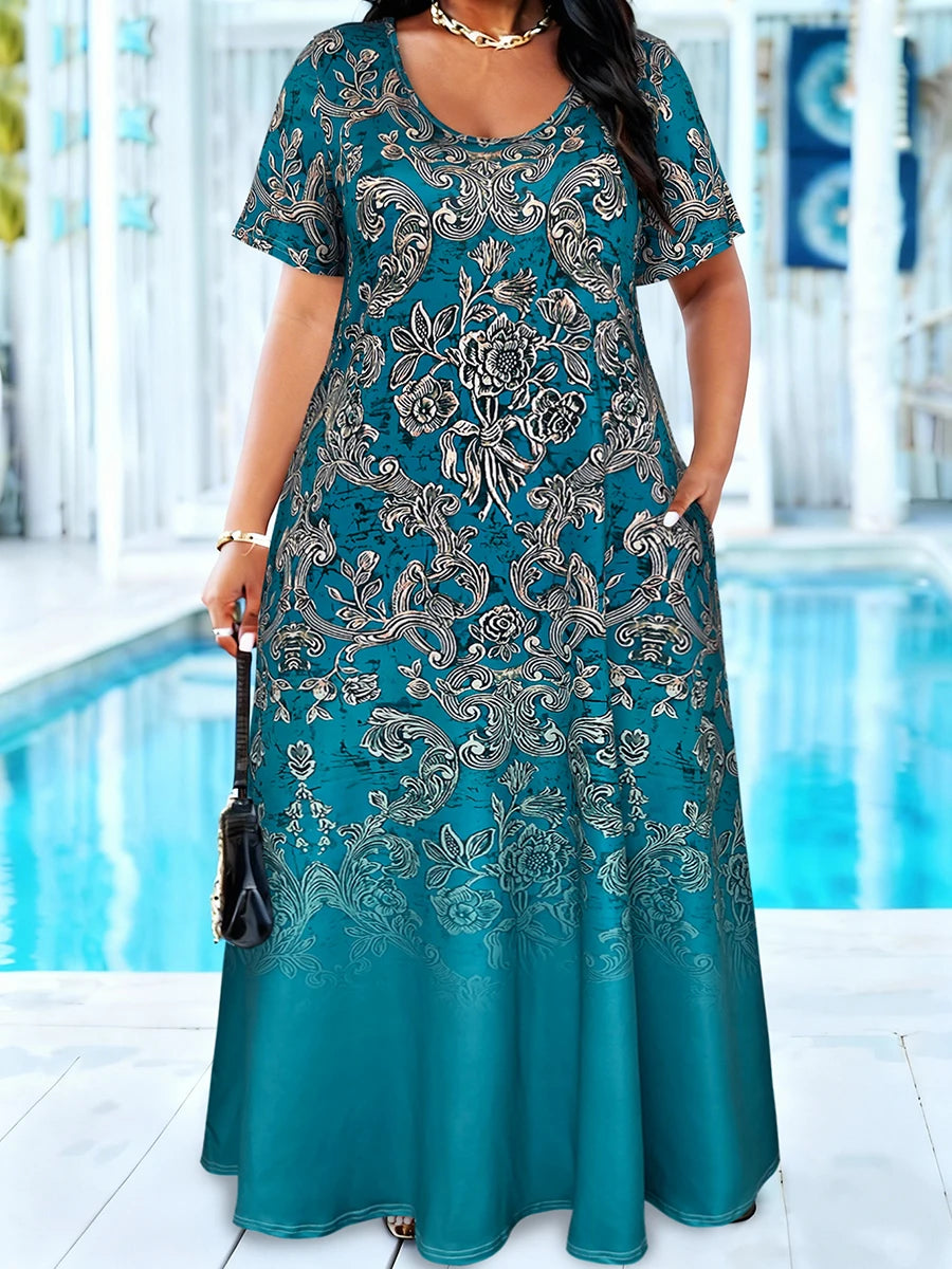 Plus Size Teal Baroque Floral Print Maxi Dress Summer Casual Short Sleeve Scoop Neck Loose Long Sundress With Pocket