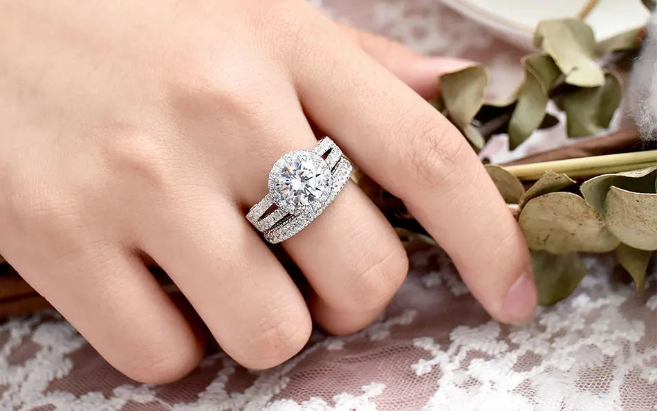 Newshe 2Pcs Solid 925 Sterling Silver Wedding Rings for Women Bridal Set 8*8mm 3CT Princess Cut 5A Cubic Zircon Fine Jewelry