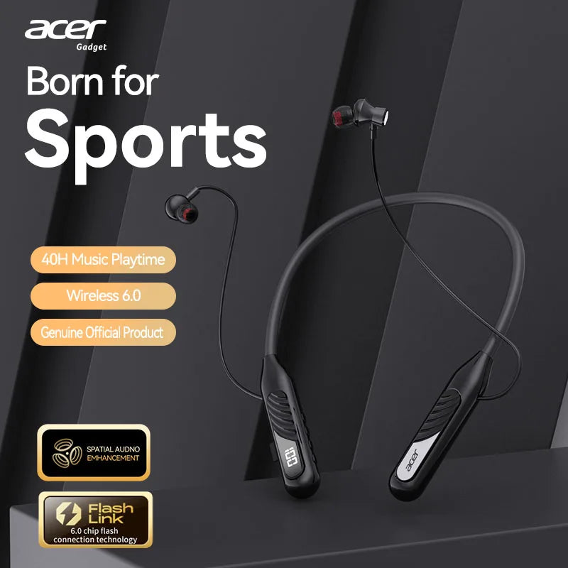 Acer OHR635 Neckband Bluetooth Headphones 40H Playtime Digital Display Wireless 6.0 Earphones with Mic