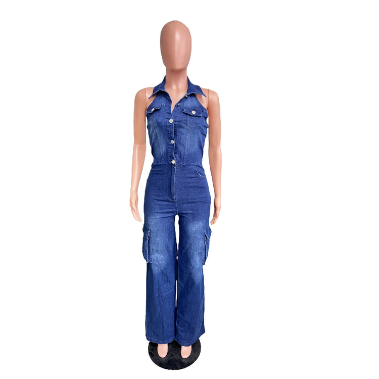 Jumpsuits Women Demin Overalls Sexy One Piece Long Pants High Waist Mom Jeans Halter Streetwear Rompers Summer Y2k Streetwear