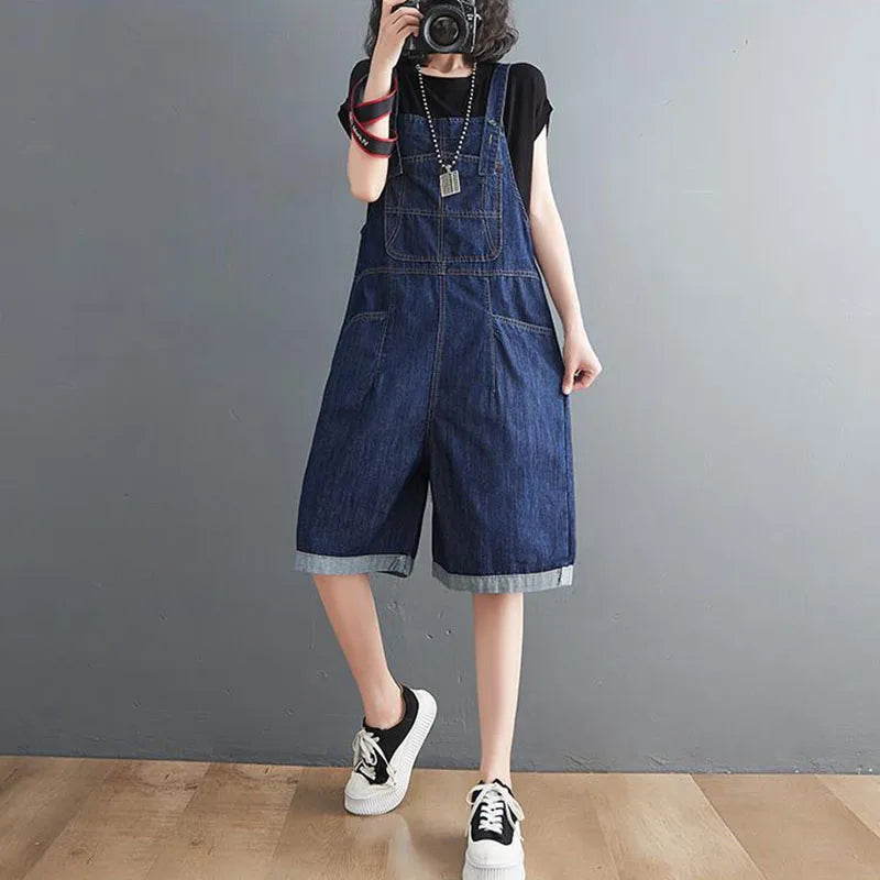 Summer Denim Straps Shorts Jeans Overalls Women Korean Wide Leg Jumpsuits Female Suspender Rompers Casual Conjoined Fifth Pants