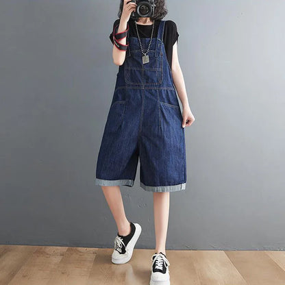 Summer Denim Straps Shorts Jeans Overalls Women Korean Wide Leg Jumpsuits Female Suspender Rompers Casual Conjoined Fifth Pants