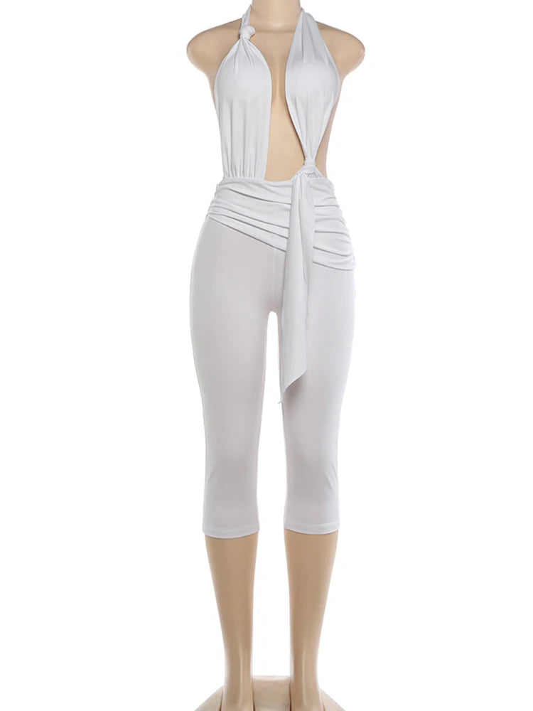 Weird Puss Knot Design Jumpsuit Woman Bandage Halter Deep V-Neck Backless Sleeveless Skinny Peach Hip Street Sexy Fashion Romper