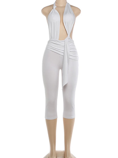 Weird Puss Knot Design Jumpsuit Woman Bandage Halter Deep V-Neck Backless Sleeveless Skinny Peach Hip Street Sexy Fashion Romper