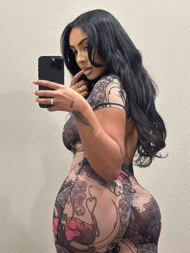 Weird Puss Backless Playsuit Women See Through Shorts Sleeve Peach Buttocks Summer Trend Aesthetic Print Midnight Club Romper