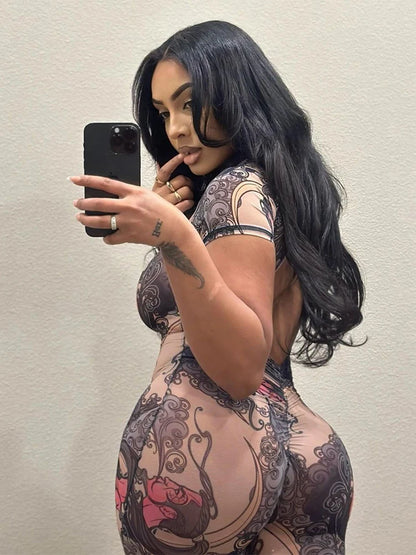 Weird Puss Backless Playsuit Women See Through Shorts Sleeve Peach Buttocks Summer Trend Aesthetic Print Midnight Club Romper